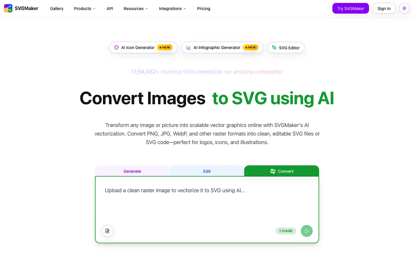 SVGMaker AI SVG Converter accepting a PNG screenshot upload